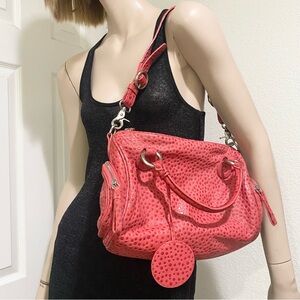 INGE Pinkish Red Polka Dot Textured Leather Satchel Shoulder Bag